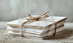 A stack of white cards with a brown string tied around them