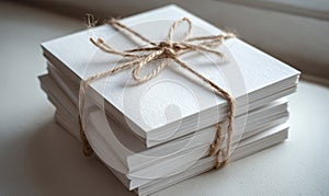 A stack of white cards with a brown string tied around them