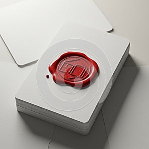 A stack of white cards is topped with a red wax seal, displaying a geometric design.