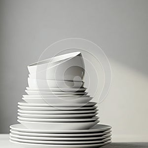 A stack of white ceramic bowls and plates is arranged on a table. The dishes are