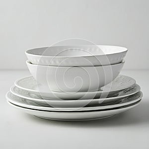 Stack of white ceramic dishes of various sizes arranged neatly. The stack includes