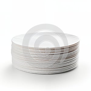 Stack Of White Ceramic Plates Neatly Piled On White Background