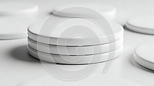 Stack of white circular objects on a white surface