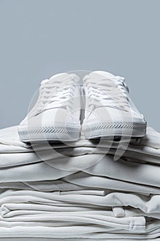Stack of white clothes and stylish trainers