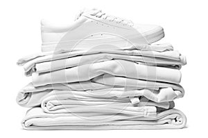 Stack of white clothes and stylish trainers white background