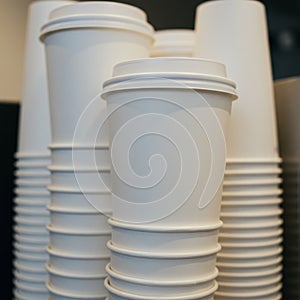 A stack of white disposable coffee cups with matching white lids is arranged in