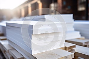 Stack of white extruded polystyrene sheets insulative material for buildings at construction site