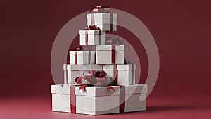 Stack of white gift boxes with red ribbons