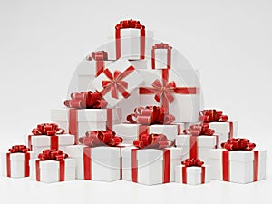 Stack of white gift boxes with red ribbons