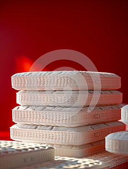 A stack of white mattresses on a red background