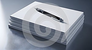 Stack of white paper with a black pen on a gray surface