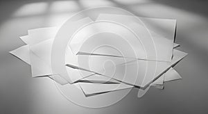 Stack of white paper sheets casting shadows on a gray surface blank