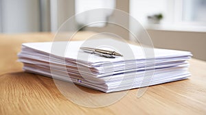 Stack of White Papers with a Silver Pen on a Wooden Desk in a Bright Office Environment