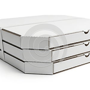 Stack of white pizza boxes on white background isolated on white background