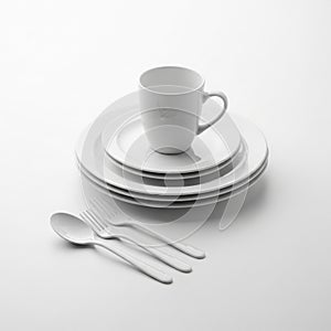 Stack of White Plates with Mug and Cutlery on White Background dishes dinnerware