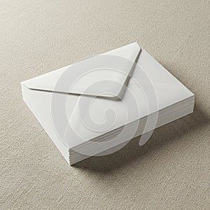 Stack of white, rectangular paper envelopes with pointed flaps, neatly arranged on a