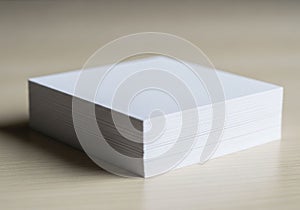 A stack of white, rectangular paper sits on a light wooden surface