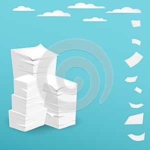 Stack of white sheets and flying paper in blue background with clouds on blue sky