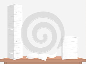 Stack of white sheets and paper on brown table top.