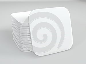 Stack of white square coasters. Mock up template for your design. 3d rendering