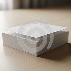 A stack of white square paper sheets placed on a wooden surface