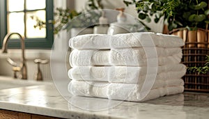 A stack of white towels on a counter by AI generated image