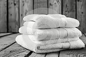 A stack of white towels lies on a wooden surface