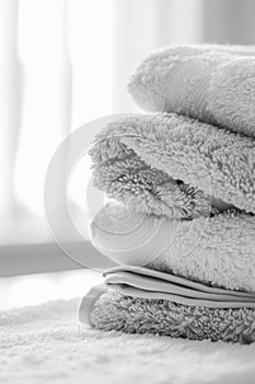 A stack of white towels lies on a wooden surface
