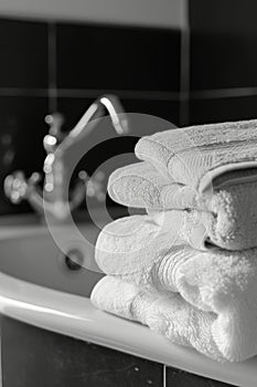 A stack of white towels lies on a wooden surface