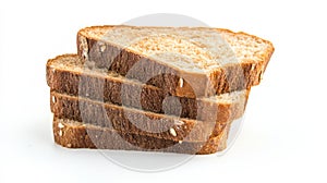 Stack of whole grain bread slices on white background, healthy eating concept