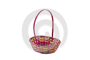 Stack of wicker straw osier handmade baskets different size and pattern at isolated white background for home storage. A set of