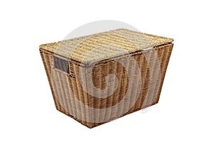 Stack of wicker straw osier handmade baskets different size and pattern at isolated white background for home storage. A set of