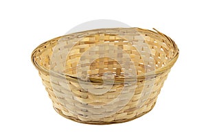 Stack of wicker straw osier handmade baskets different size and pattern at isolated white background for home storage. A set of