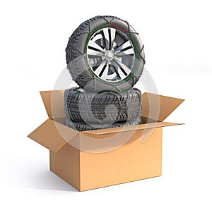 Stack of winter tires in the cardboard box