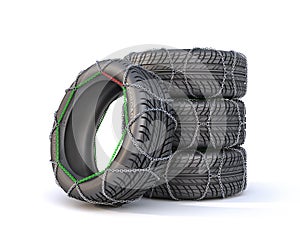 Stack of winter tires on a white background