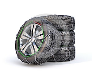 Stack of winter tires on a white background.