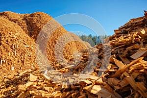 Stack of wood chips, a byproduct of timber milling. These shavings play a vital role as a renewable energy source, powering