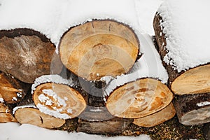 Stack of wood cut with snow