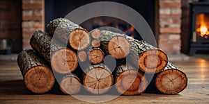 A stack of wood logs sits on a wooden table next to a fireplace.