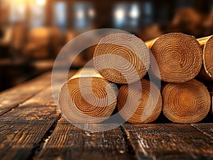 A stack of wood logs sitting on top of a wooden table