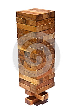 Stack of wood with unstable condition on white bac photo