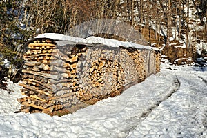 Stack of wood in winter time
