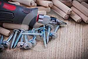 Stack of wooden dowel pins steel nails and insulated turnscrew