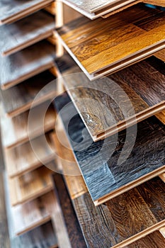 A stack of wooden floors piled high in a rustic setting, suitable for use in interior design or construction projects