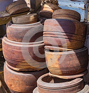 Stack of wooden mortars as seen in a roadside shed in Lekki Lagos Nigeria.