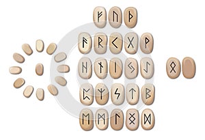 Stack of wooden runes isolated on white background. Runes are cut from wooden blocks. Magic symbols for esoteric divination. The