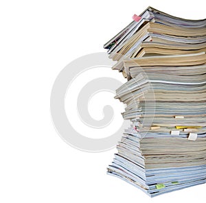 Stack of worn magazines and journals,isolated