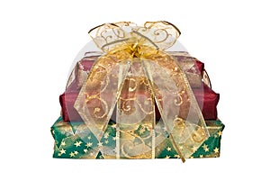 Stack of wrapped gift boxes with ribbon and bow