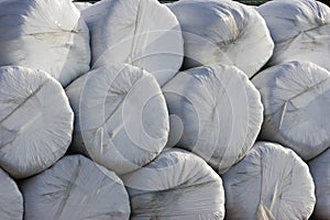 Stack of wrapped hay bales