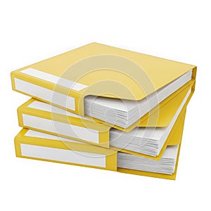 Stack of yellow binders with white labels isolated on white background